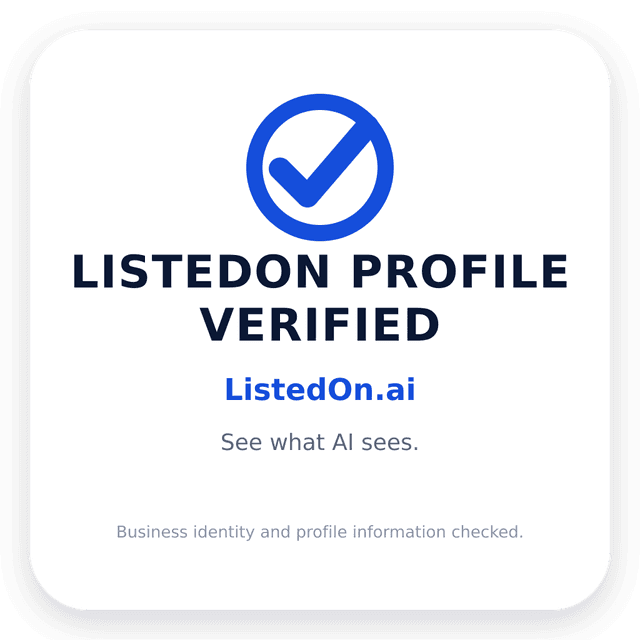 ListedOn Profile Verified window sticker — business identity and profile information checked.