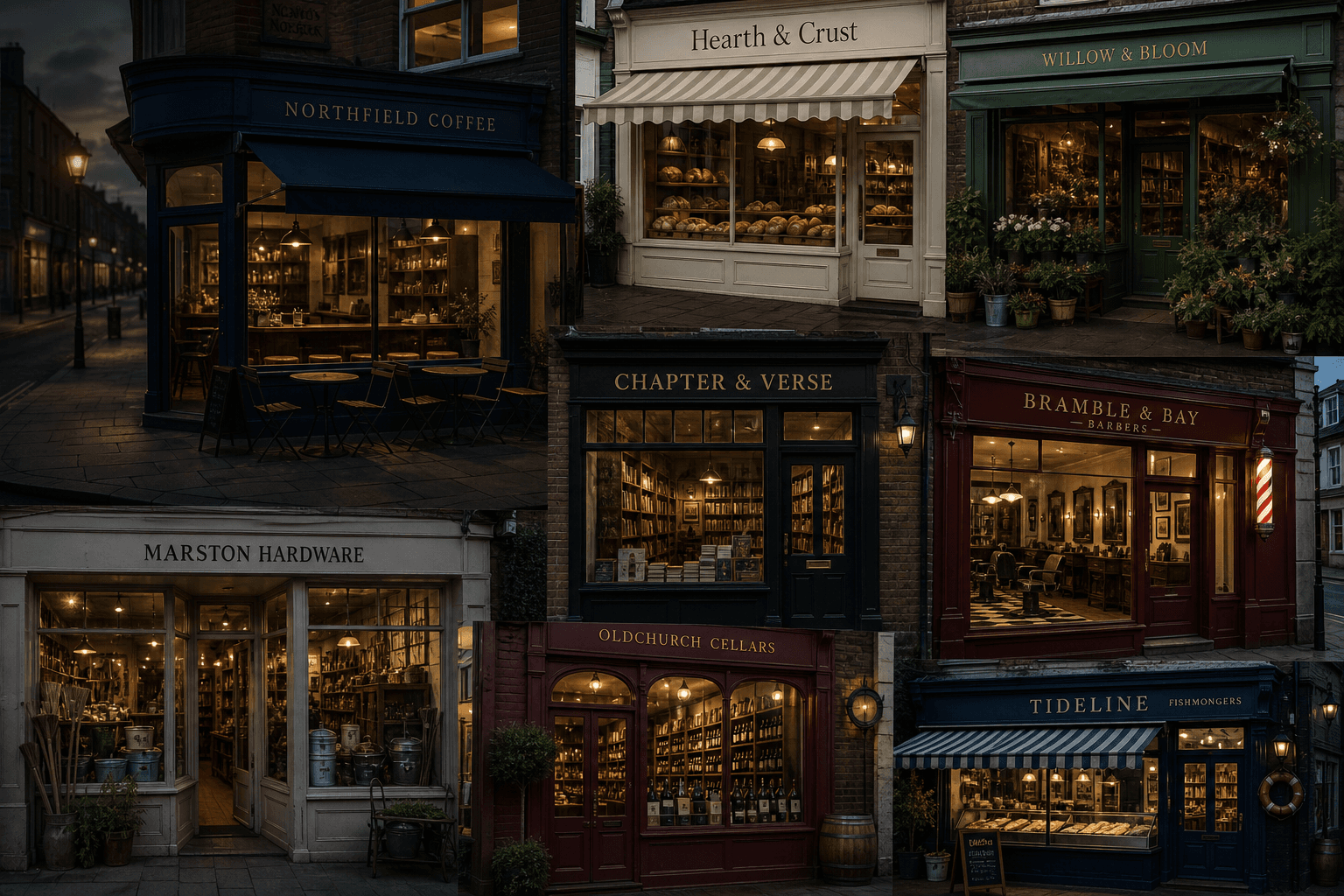 illustrative collage of fictional shopfronts, not real customers