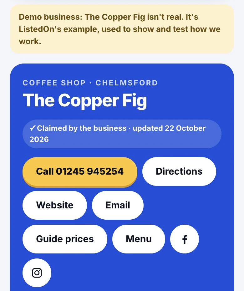 A ListedOn Profile for our demo café, The Copper Fig: its name, category, a claimed badge and buttons to call, get directions or visit the website.
